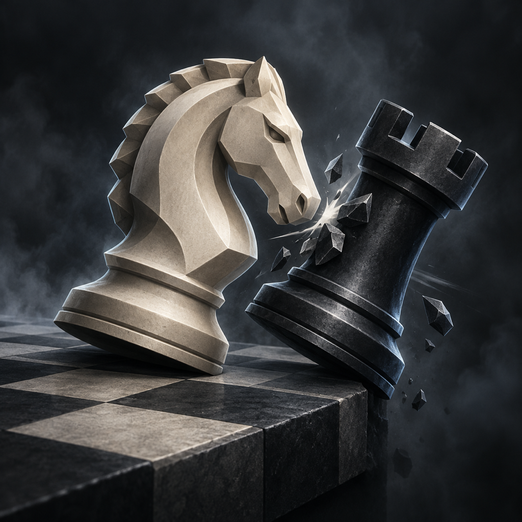 An ivory knight sends a black rook tumbling over the edge of a stone chessboard