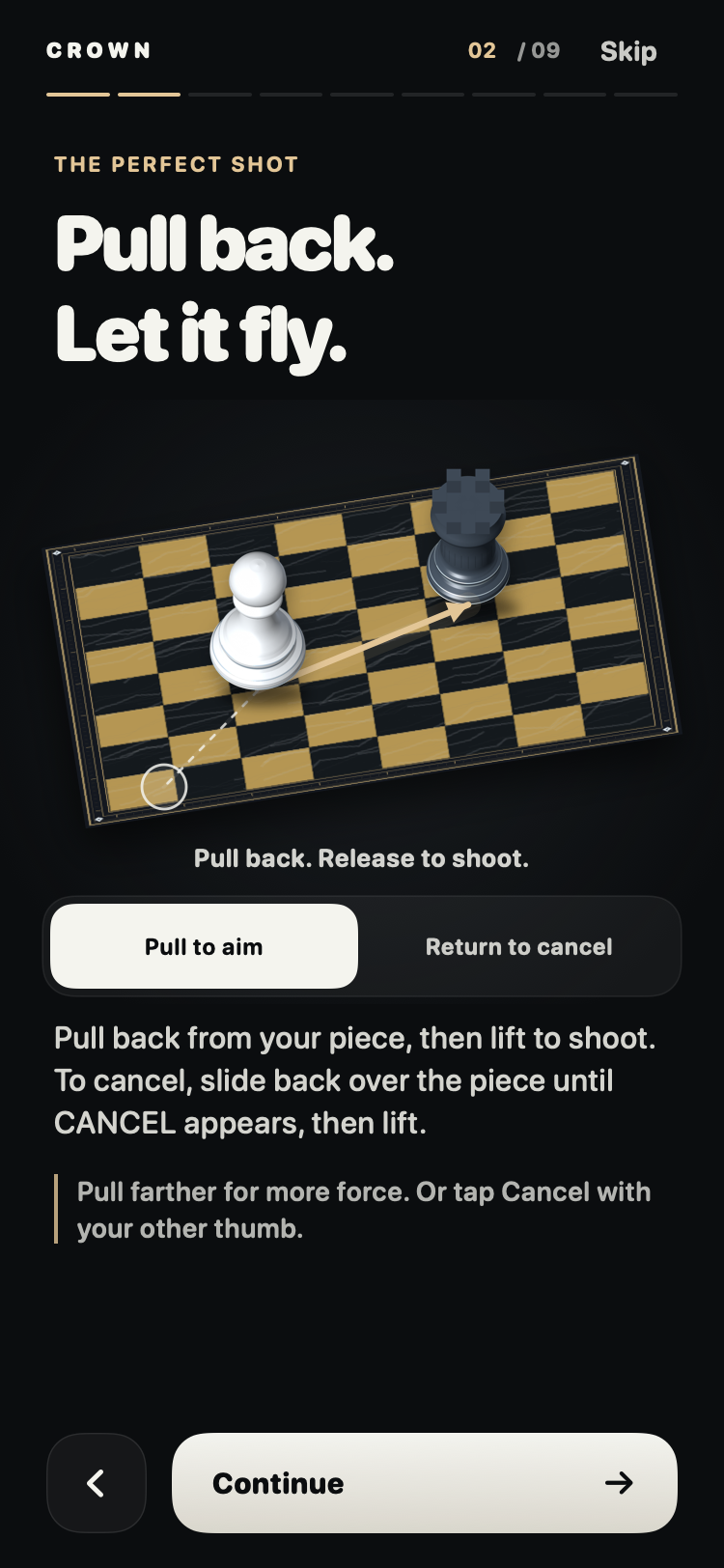 Crown's how-to-play screen shows a pawn aiming at a rook by pulling back, then releasing